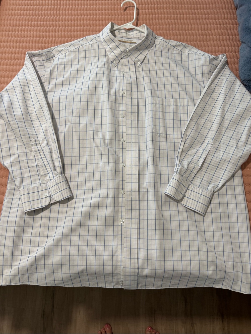Men's White Button-Down Shirt with Blue Windowpane Check